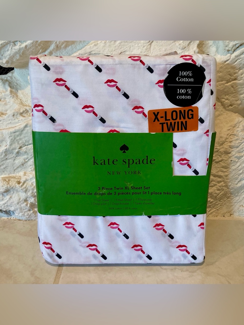DORM READY NEW kate spade New York X-Long Twin Lipstick Print Sheet Set